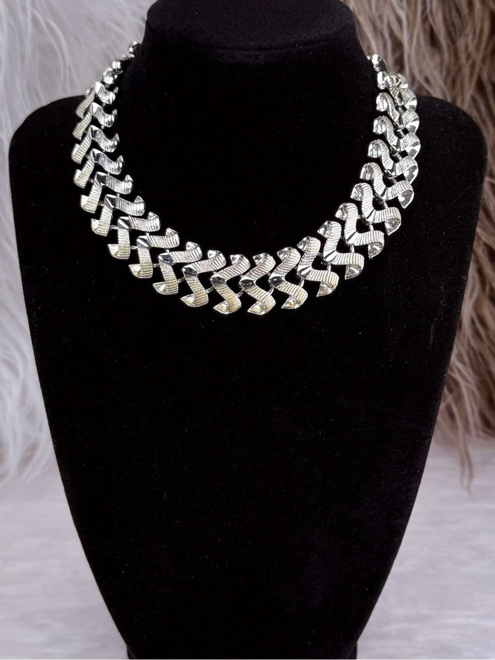 Vintage Coro Silver Tone Modernist Link Collar Statement Necklace Signed